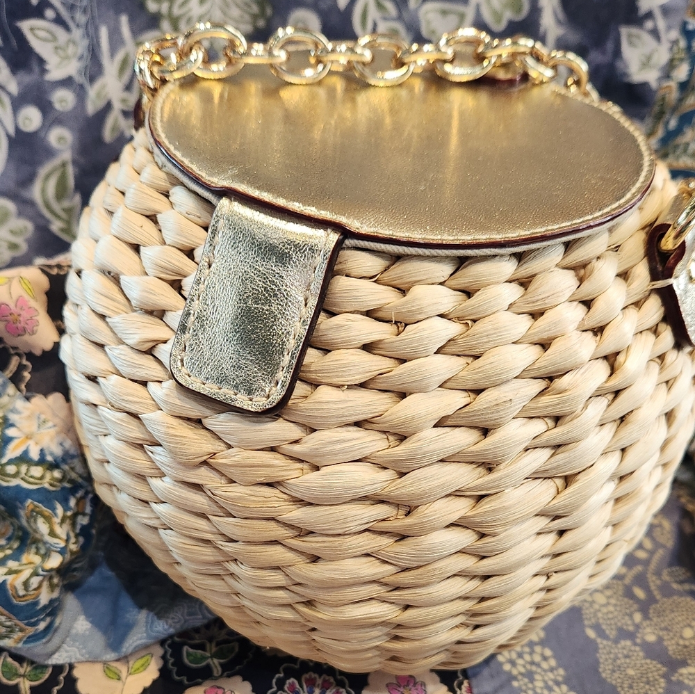 Frances Valentine Honeypot Wicker Round Purse in Tan And Gold - Picture 8 of 9